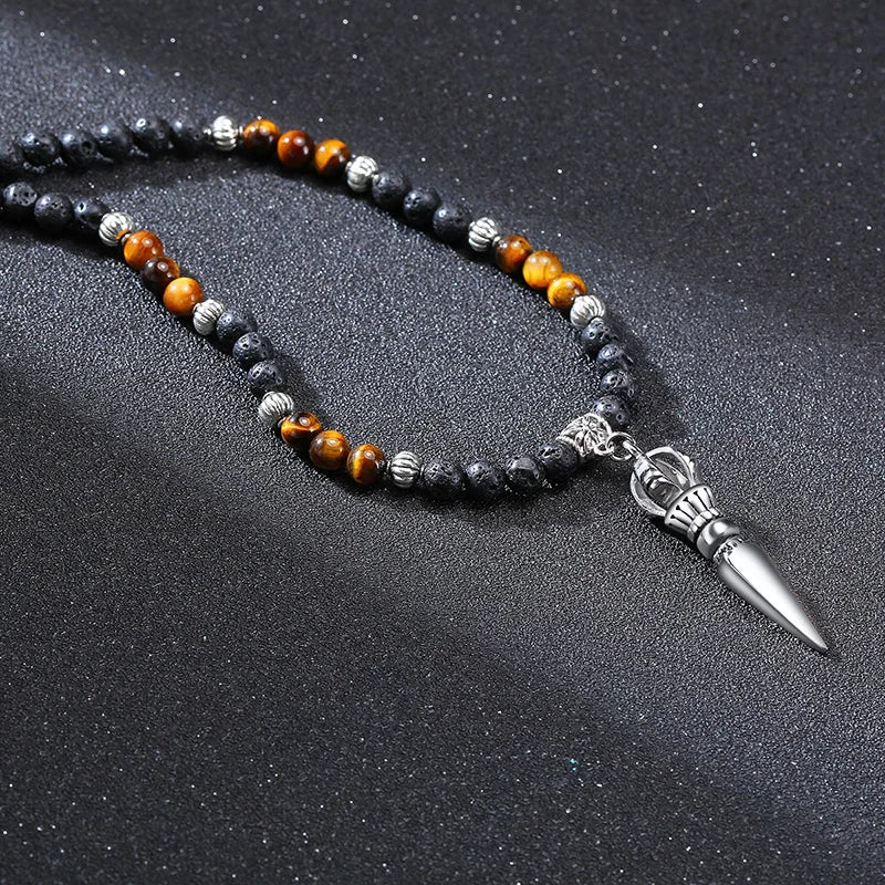 Collier Bouddhiste Pointue Oeil de Tigre Et Pierre de Lave