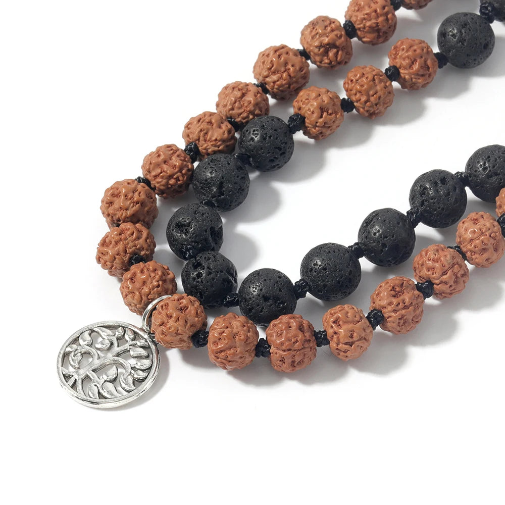 Mala Tibétain en Rudraksha Et Pierres de Lave