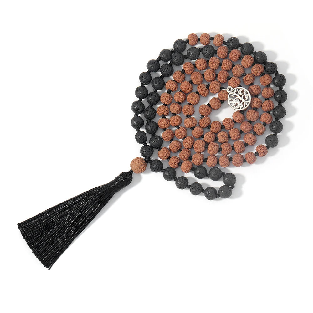 Mala Tibétain en Rudraksha Et Pierres de Lave
