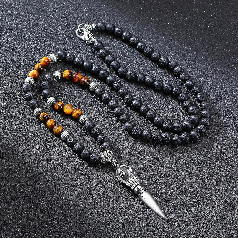 Collier Bouddhiste Pointue Oeil de Tigre Et Pierre de Lave