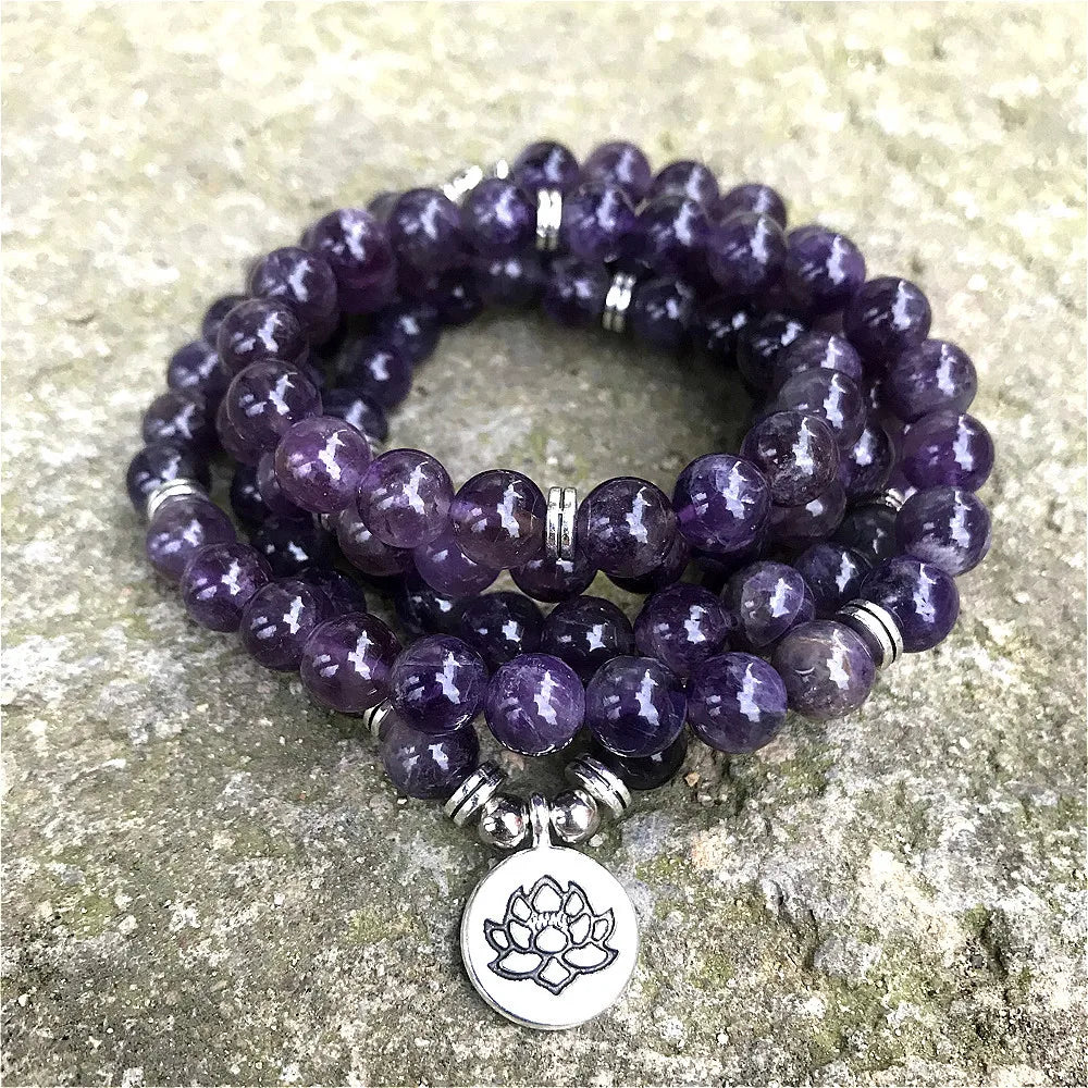 Tibetische Mala 108 Amethyst-Steinperlen