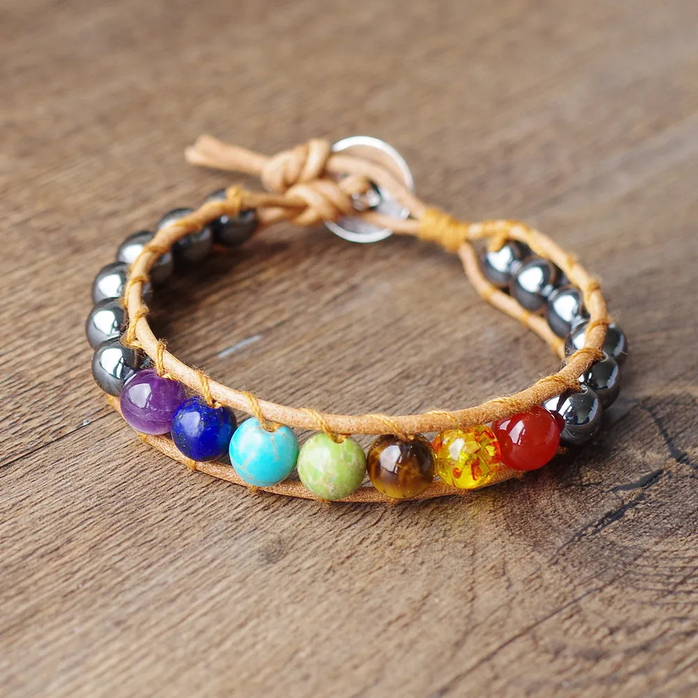 7 Chakra-Hämatit-Lederarmband