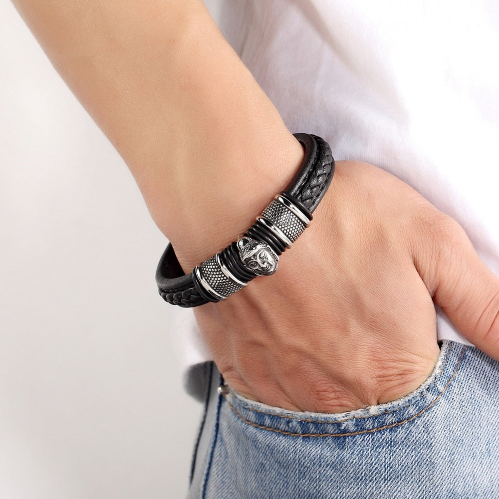 Bracelet cuir tressé & tête de bouddha en acier