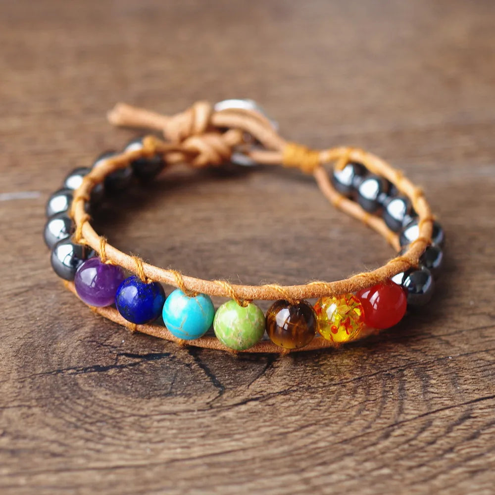Bracelet 7 Chakras Hématite en Cuir