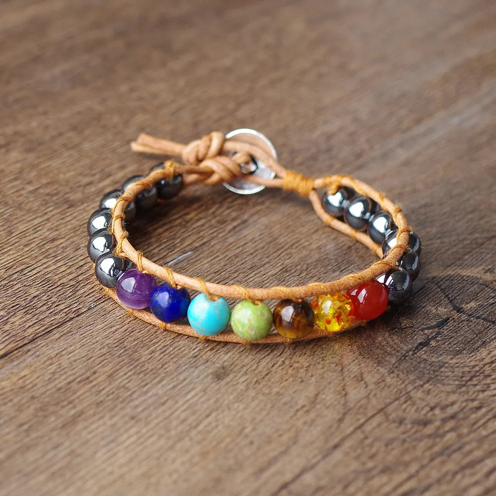 7 Chakra-Hämatit-Lederarmband