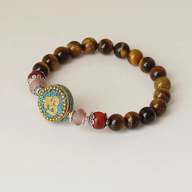 Tibetisches Om- und Tigerauge-Armband