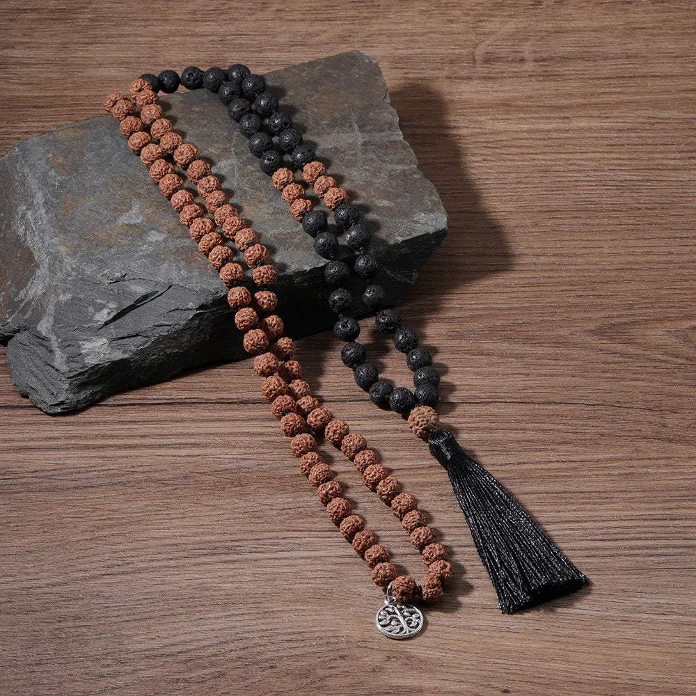 Mala Tibétain en Rudraksha Et Pierres de Lave