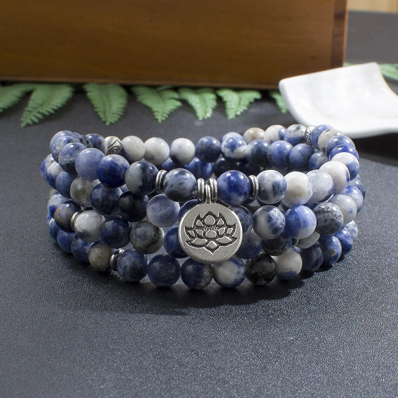Mala Tibétain en Pierre Avec Fleur de Lotus