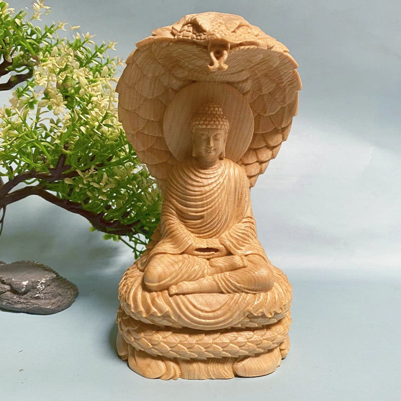 Statue Bouddha et Naga en Bois Massif