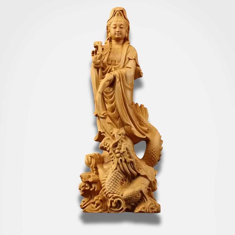 Estatua budista de Guan Yin y dragón de madera