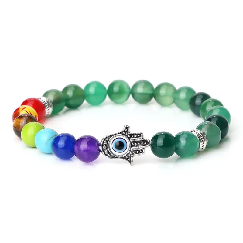 Bracelet 7 Chakra main Hamsa - Agate verte / 19cm