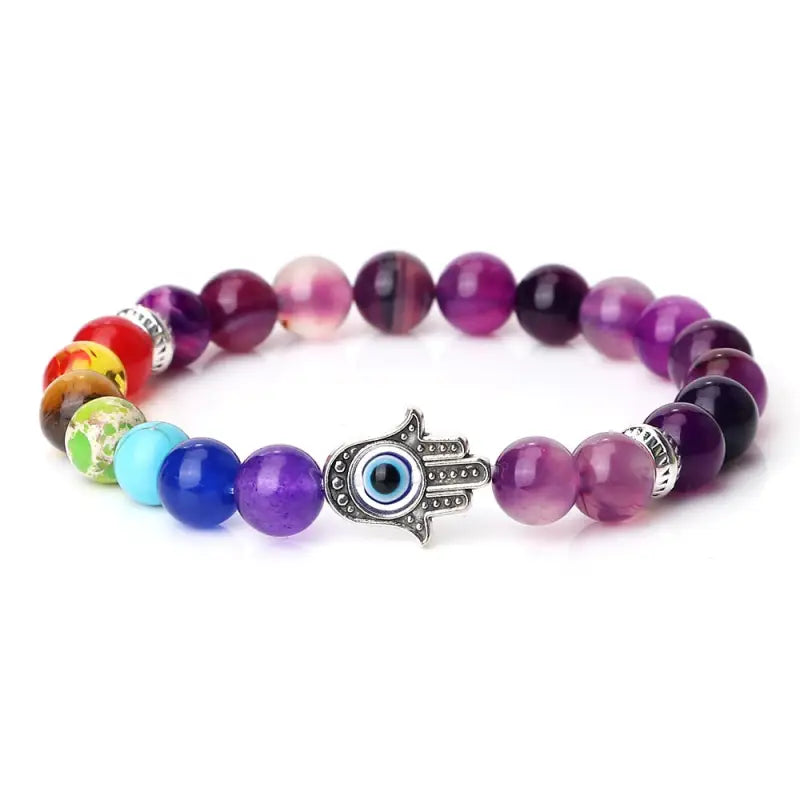 Bracelet 7 Chakra main Hamsa - Agate violette / 19cm
