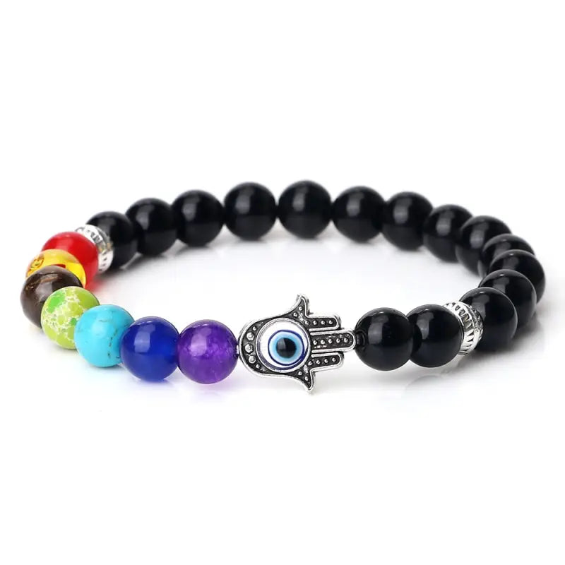 Bracelet 7 Chakra main Hamsa - Noir brillant / 19cm