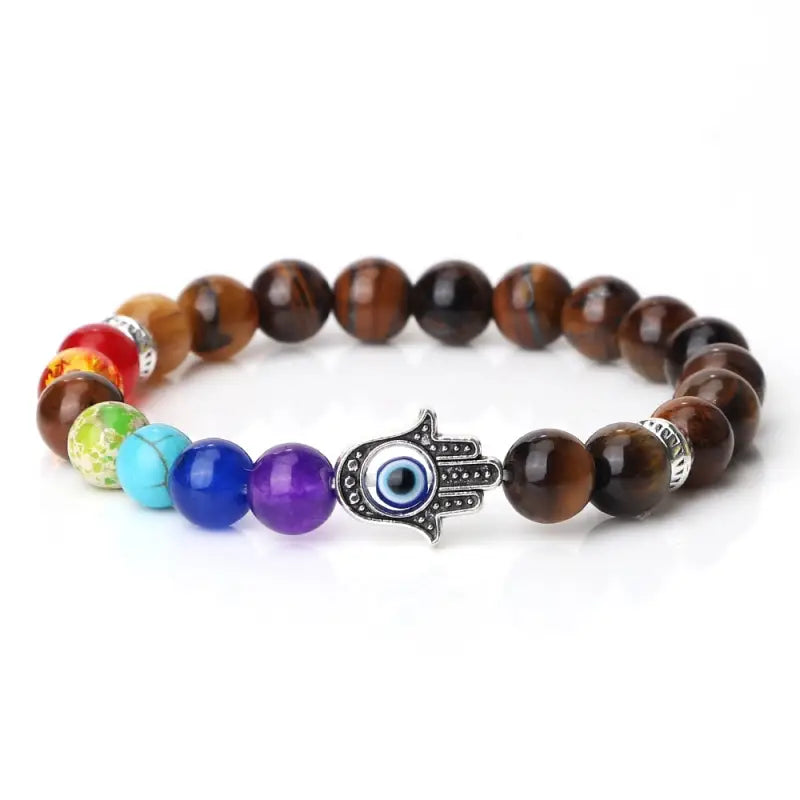 Bracelet 7 Chakra main Hamsa - Œil de Tigre / 19cm