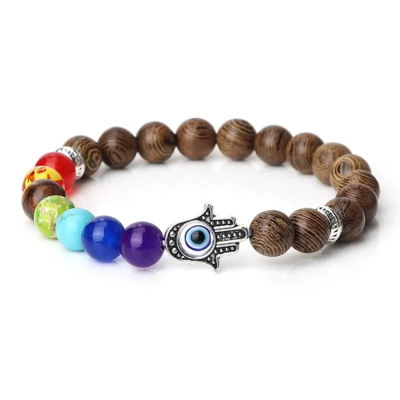 Bracelet 7 Chakra main Hamsa - Perles en bois / 19cm