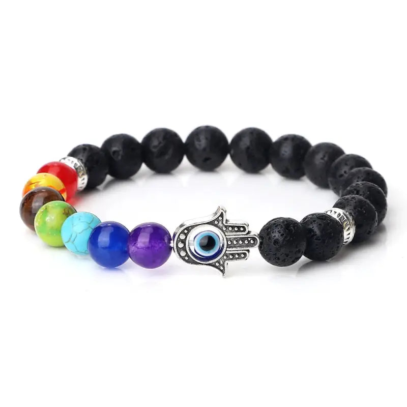 Bracelet 7 Chakra main Hamsa - Pierre de Lave / 19cm