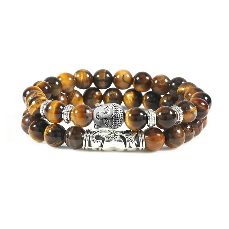 Bracelet tête de Bouddha & Perles de pierre - Œil de tigre /