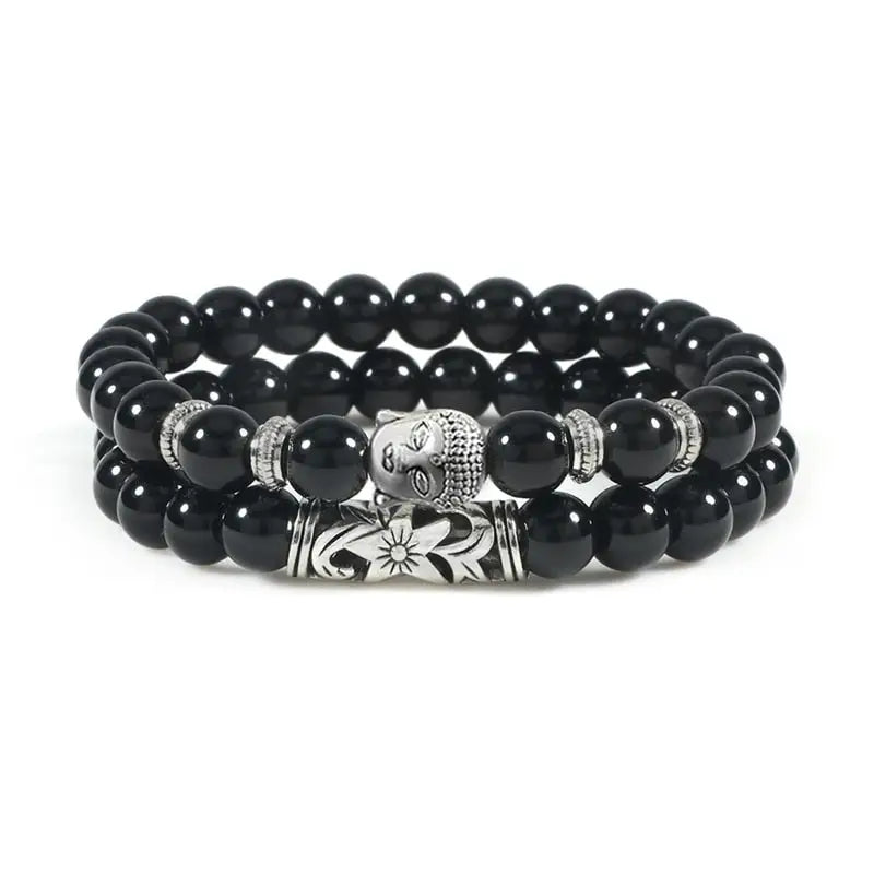 Bracelet tête de Bouddha & Perles de pierre - Onyx / 17cm
