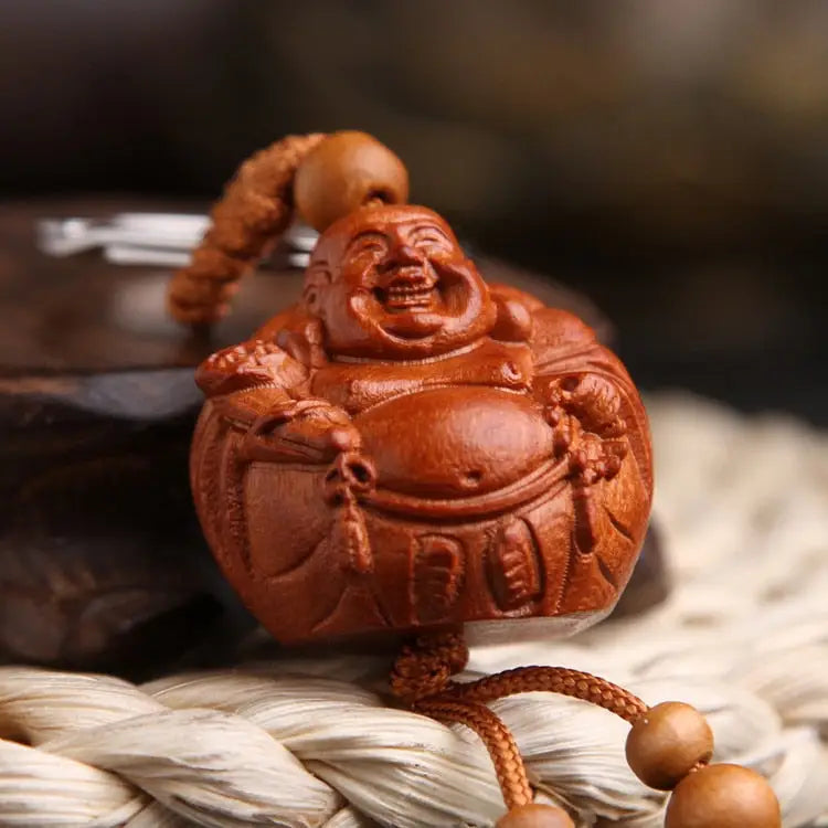 Porte-clés Bouddha Rieur en bois de pêche
