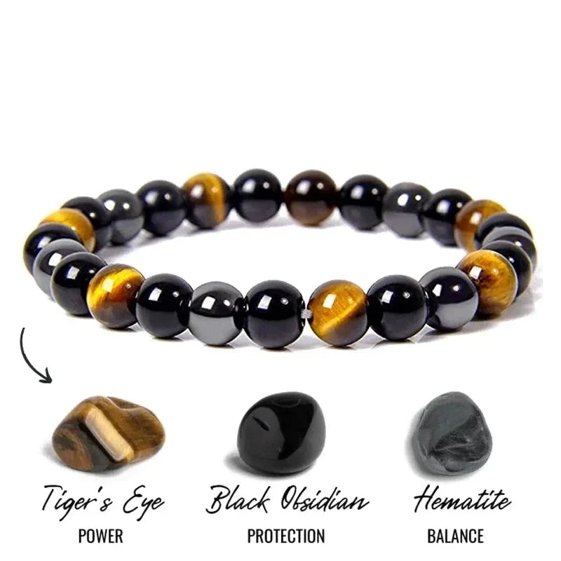 Bracelet de protection perles oeil de tigre, obsidienne, hématite