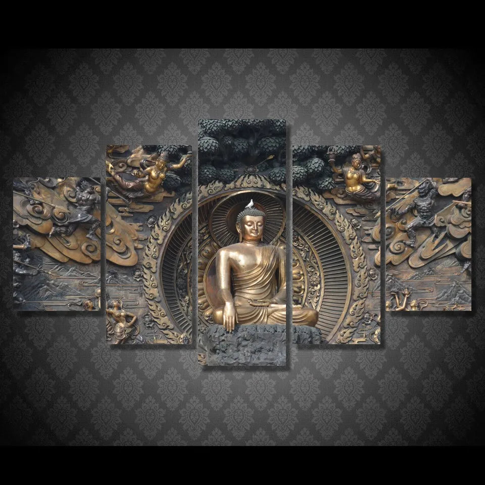 Tableau Bouddha 5 Parties en Bronze