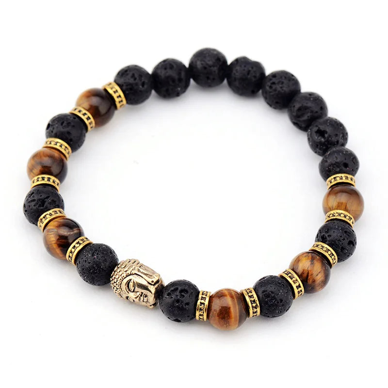 Armband mit Tigerauge-Buddha und Lavastein