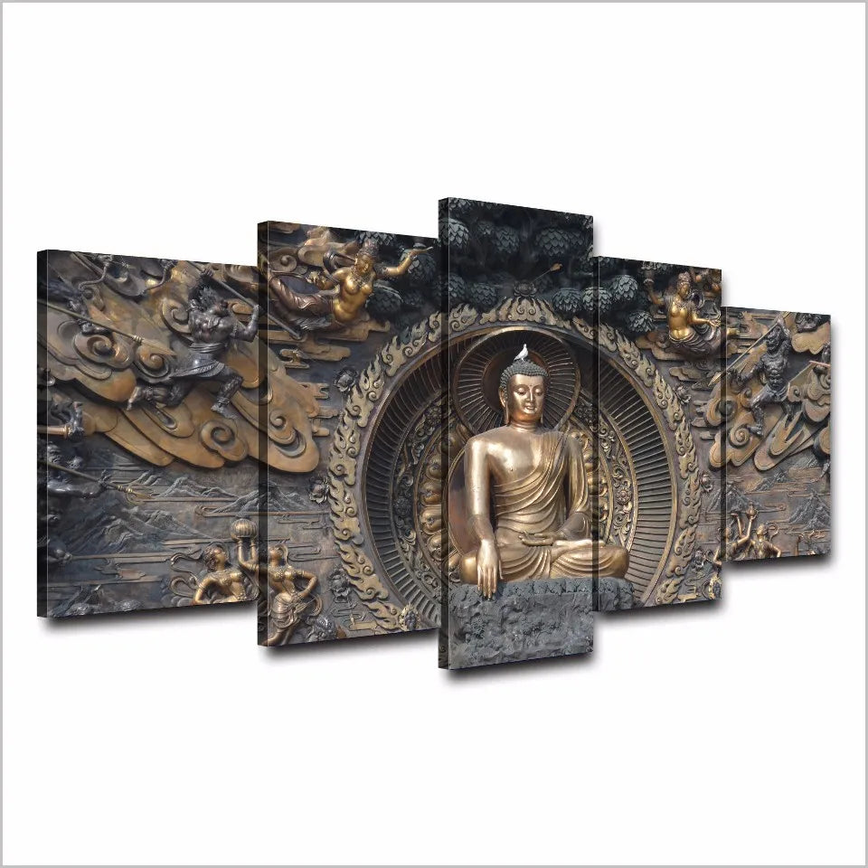 Tableau Bouddha 5 Parties en Bronze