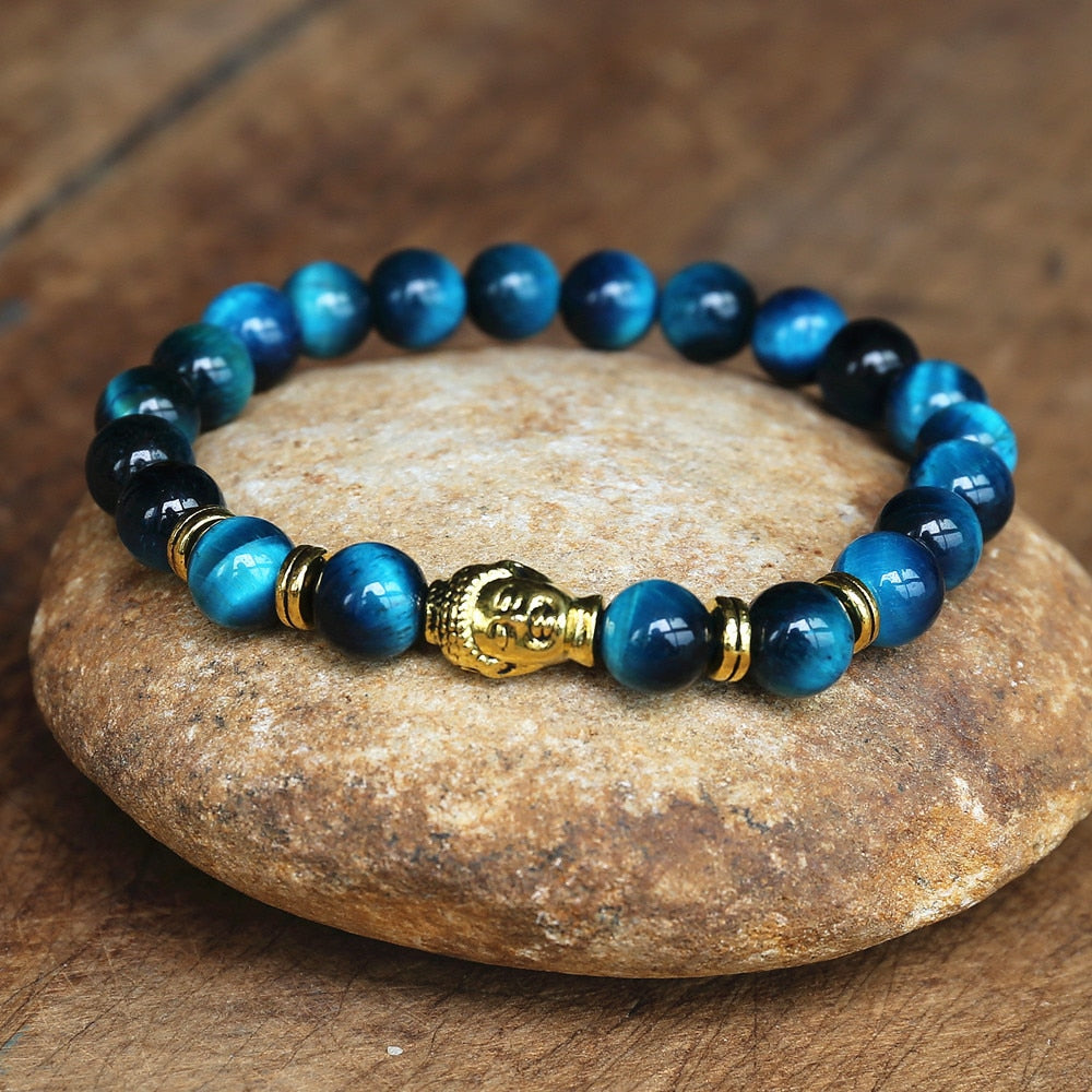 Blaues Tigerauge-Perlen-Buddha-Armband