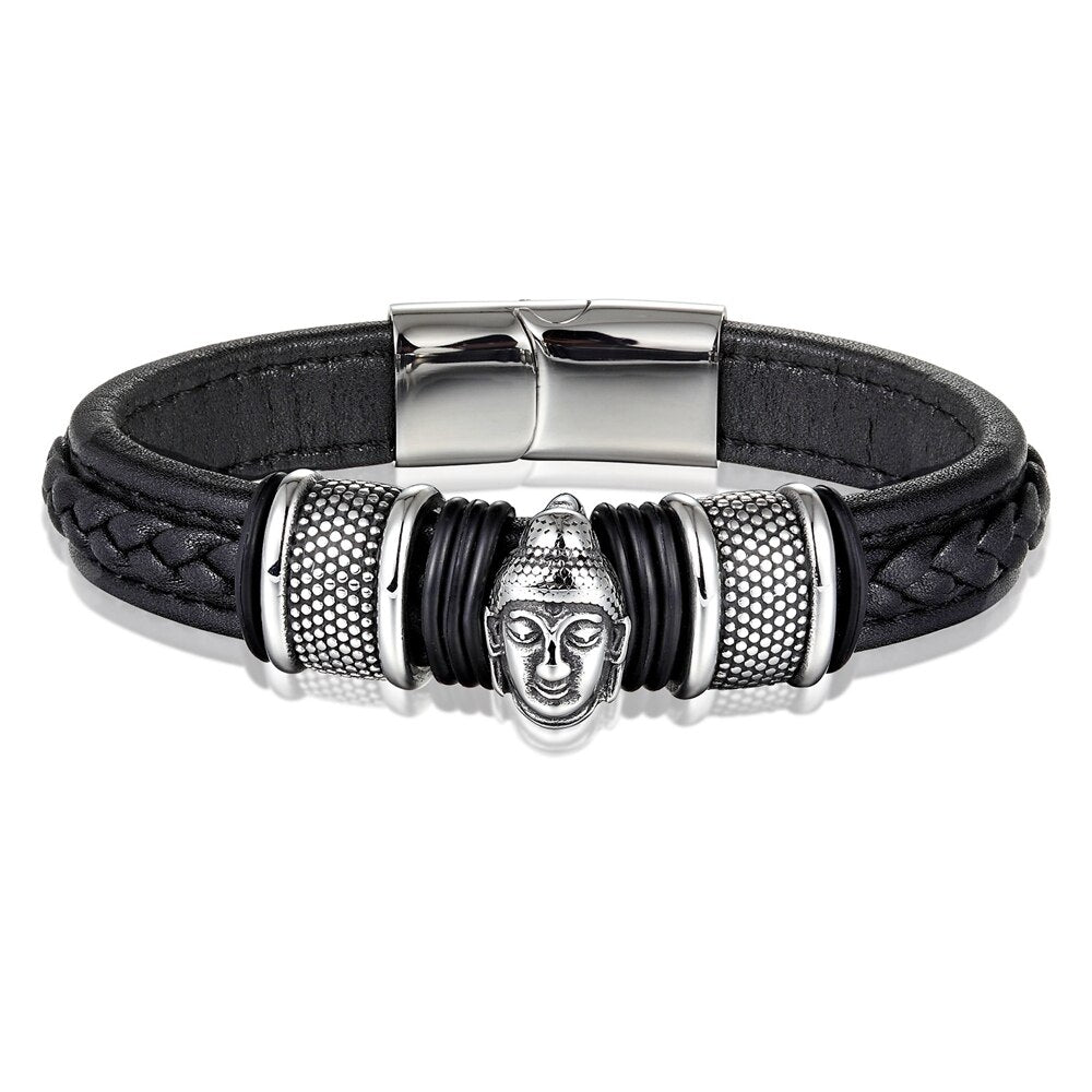 Bracelet cuir tressé & tête de bouddha en acier