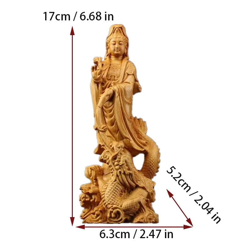 Statue Bouddhiste Guan Yin & dragon en bois