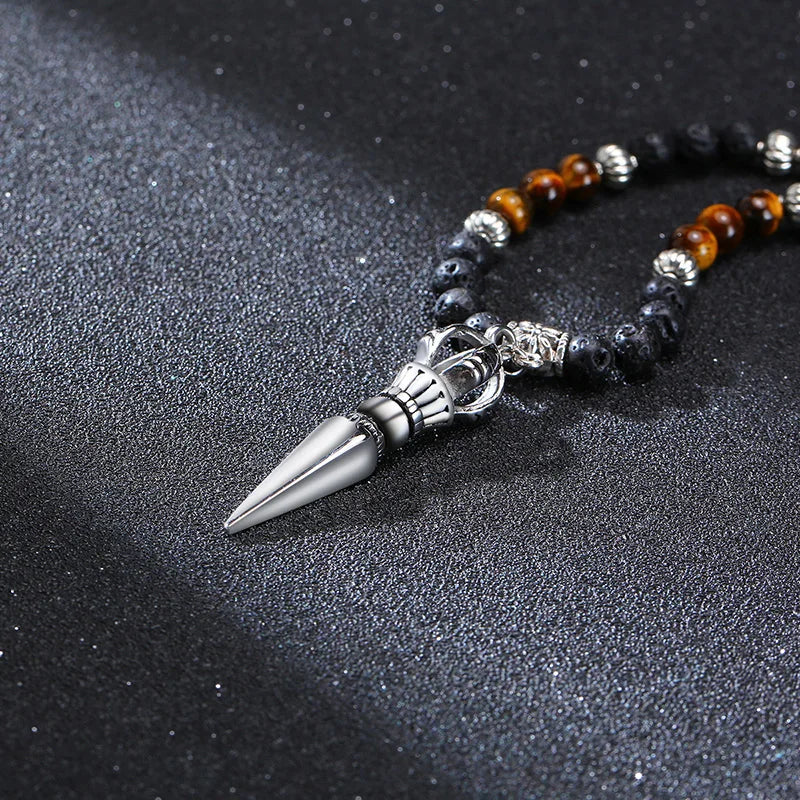 Pointed Buddhist Necklace Tiger Eye And Lava Stone