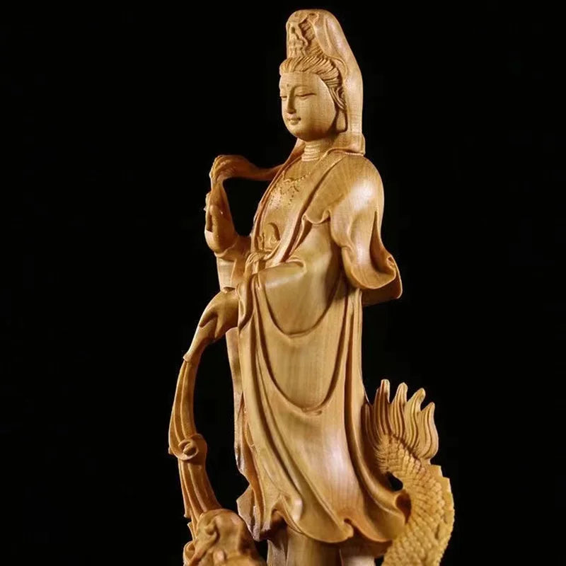 Estatua budista de Guan Yin y dragón de madera