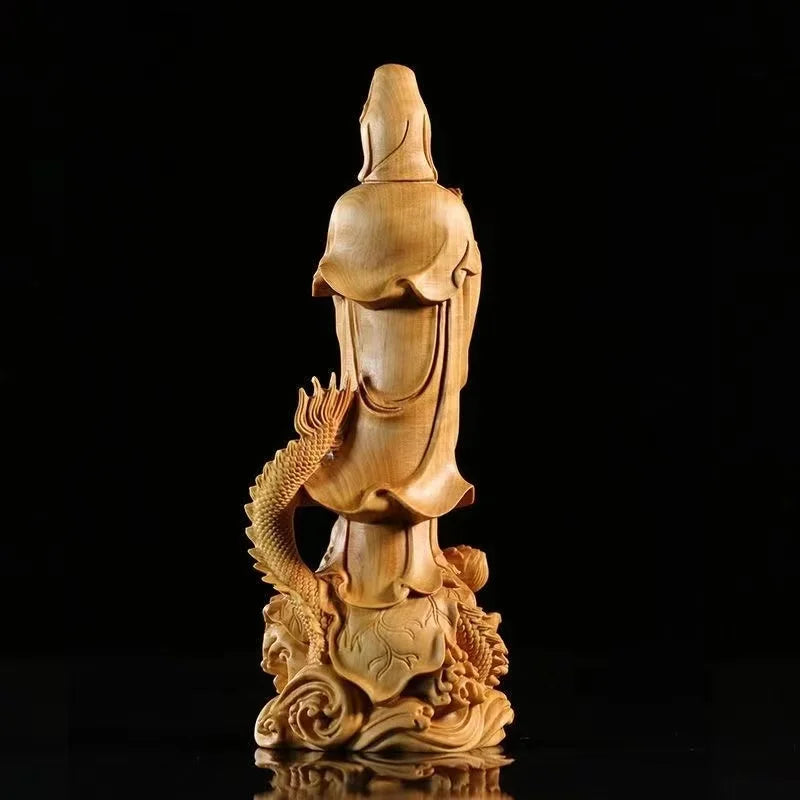 Statue Bouddhiste Guan Yin & dragon en bois