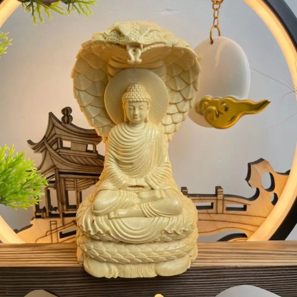 Statue Bouddha et Naga en Bois Massif