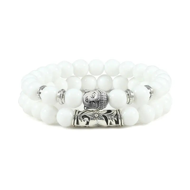 Bracelet tête de Bouddha & Perles de pierre - Blanc / 17cm