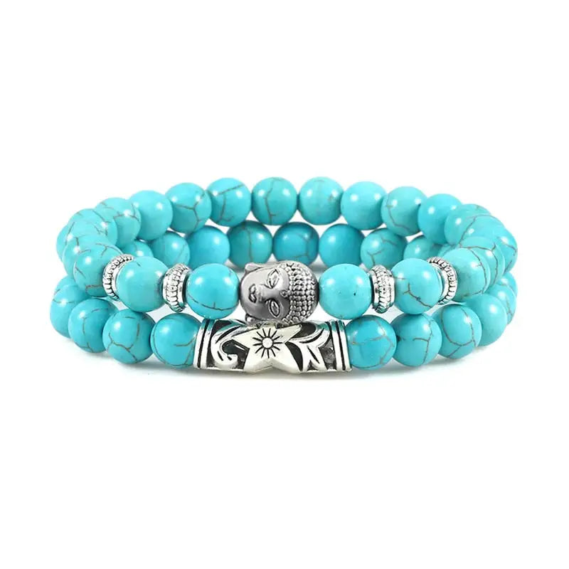 Bracelet tête de Bouddha & Perles de pierre - Bleu / 17cm