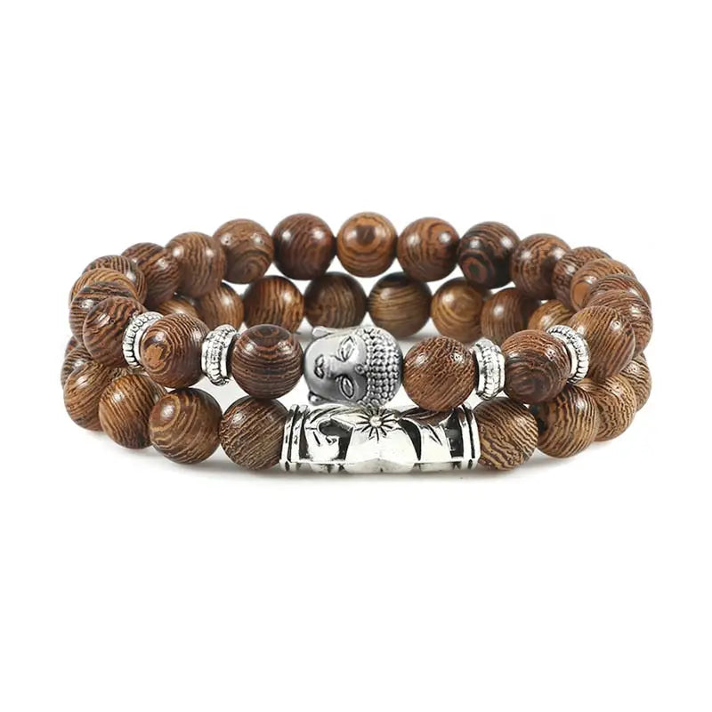 Bracelet tête de Bouddha & Perles de pierre - Bois / 17cm