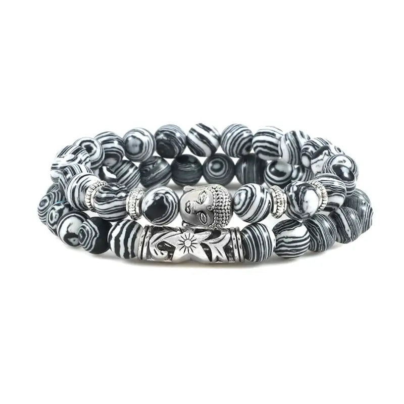 Bracelet tête de Bouddha & Perles de pierre - grise / 17cm