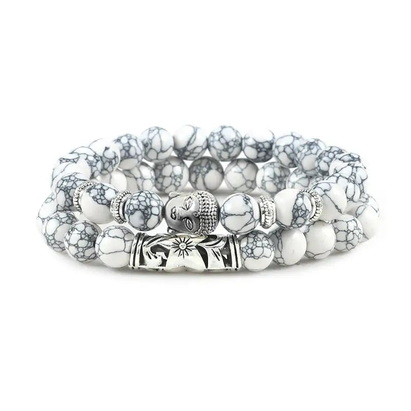 Bracelet tête de Bouddha & Perles de pierre - Marbre / 17cm