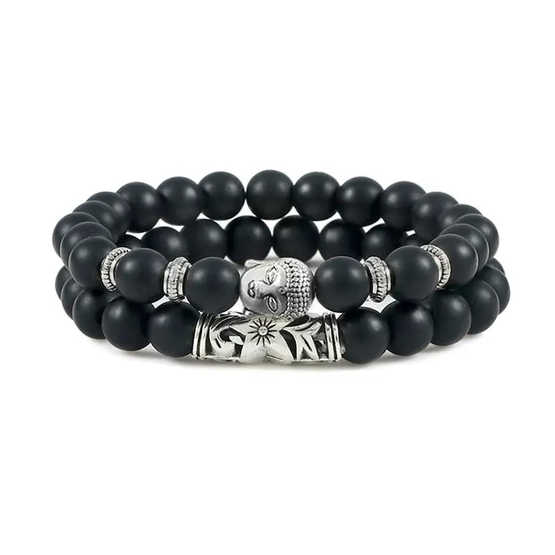 Bracelet tête de Bouddha & Perles de pierre - Noir mat /