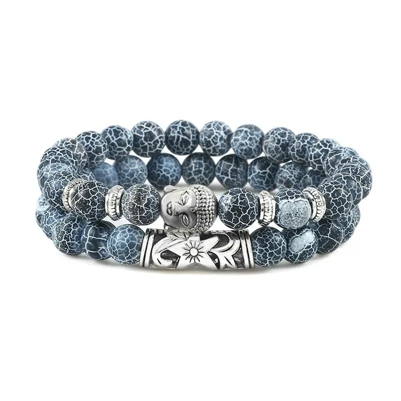 Bracelet tête de Bouddha & Perles de pierre - Noir patiné /