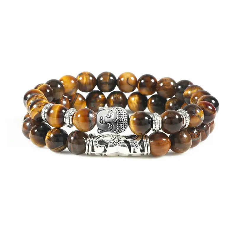 Bracelet tête de Bouddha & Perles de pierre - Œil de tigre /
