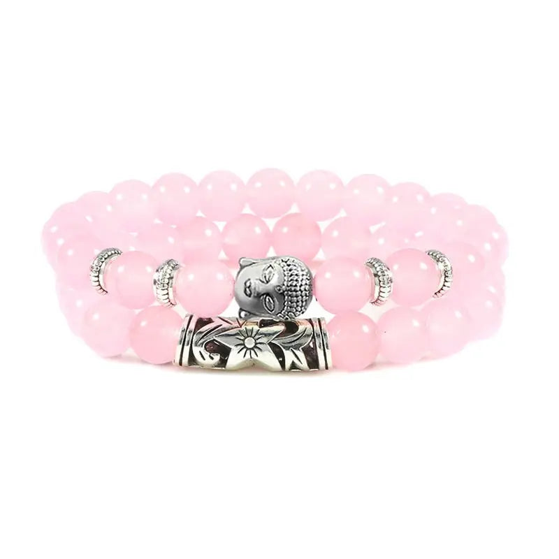 Bracelet tête de Bouddha & Perles de pierre - Rose / 17cm