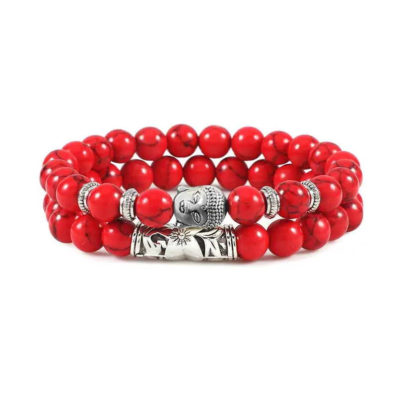 Bracelet tête de Bouddha & Perles de pierre - Rouge / 17cm