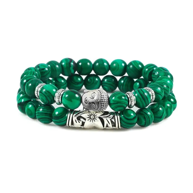Bracelet tête de Bouddha & Perles de pierre - Vert / 17cm