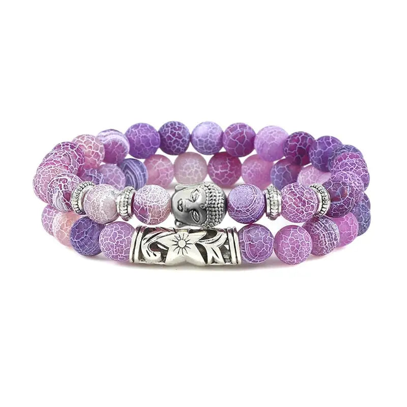 Bracelet tête de Bouddha & Perles de pierre - Violet / 17cm