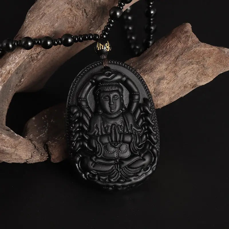 Collier Boudda Avalokiteśvara obsidien - Mystique / Noir