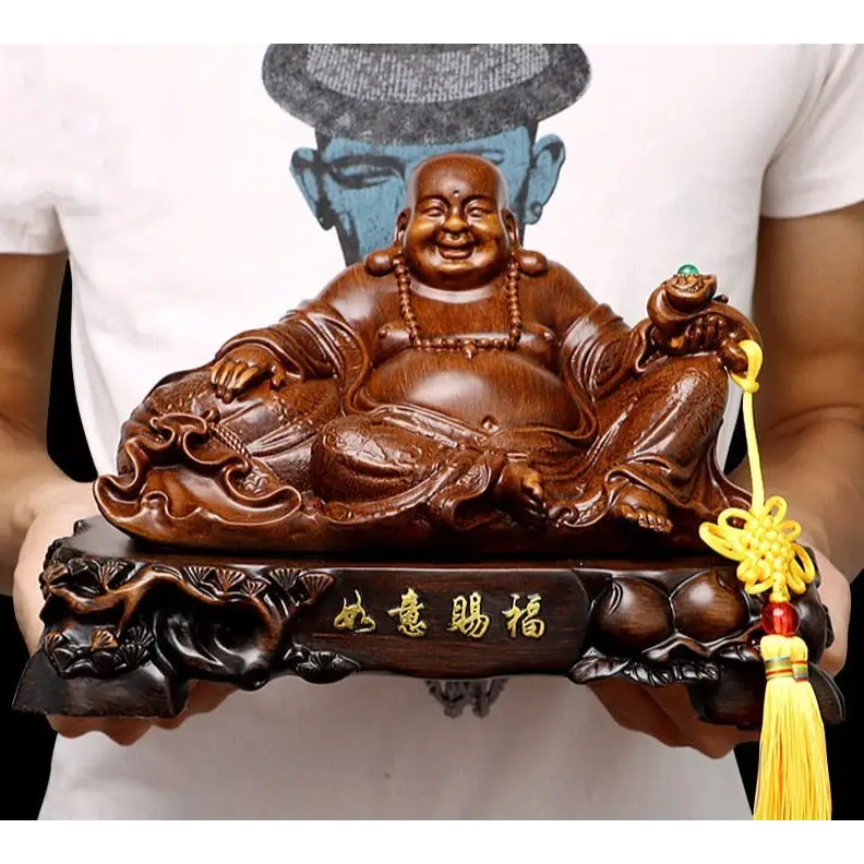 Grande statue de bouddha rieur assis - Bois (29x16x19cm)