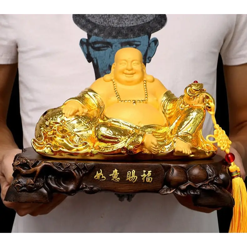 Grande statue de bouddha rieur assis - Or (29x16x19cm)