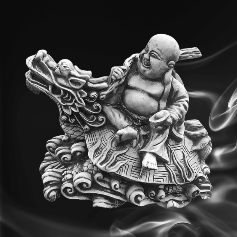 Buda sonriente sentado sobre un dragón